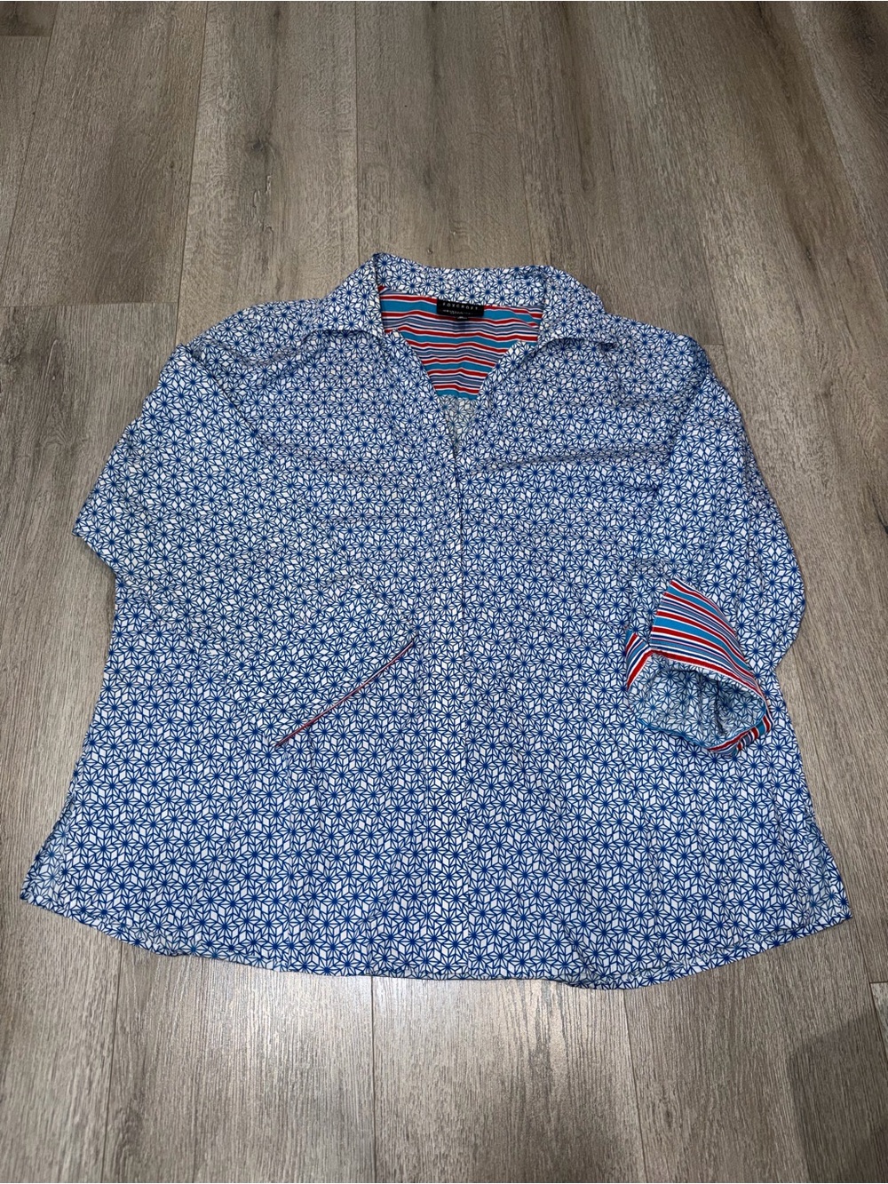 Foxcroft Blue and Red Geometric- Button Down Top